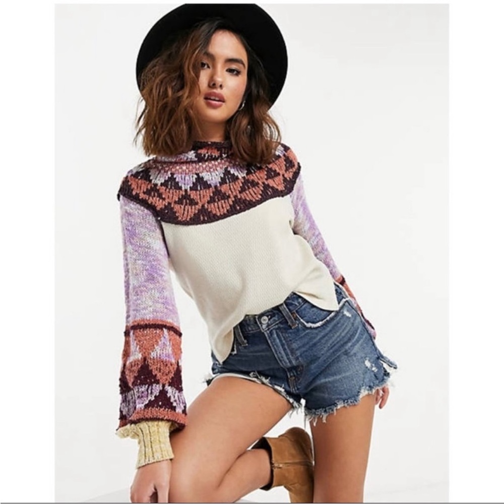 Free People Swit the Small Stuff Fair Isle Boho Cowl Neck Pullover Sweater